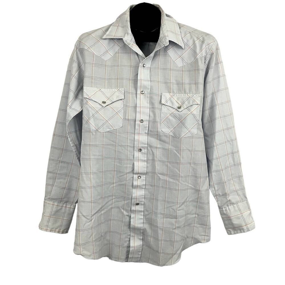 VTG Karman Light Blue Western Button‎ Down Shirt 16 1/2 Pearl Snap Sz 34